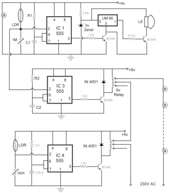 Circuit diagram of Automatic gate light, Call bell system