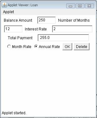Java applet program output for interest rate calculation