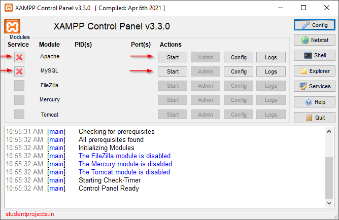 Run Apache and MySql server on windows xampp