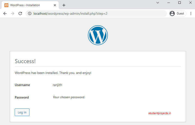  WordPress installation success