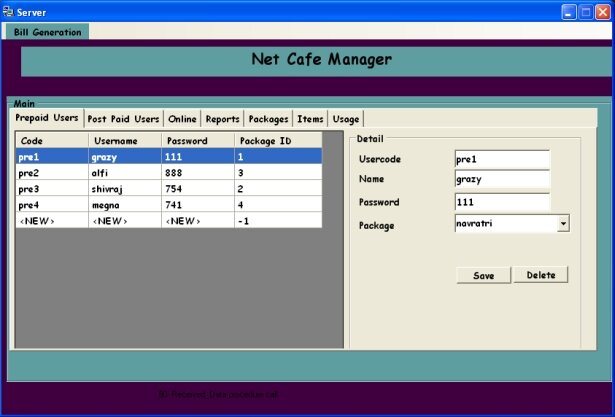 Cyber cafe management Server Screen